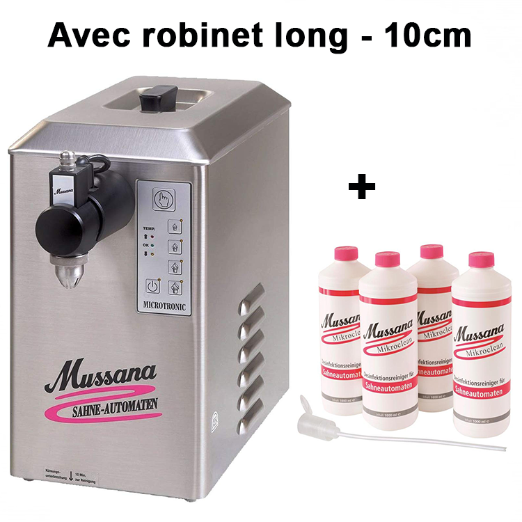 Mussana appareil à chantilly Lady Microtronic 6L - Robinet Long et 4L Mussana, appareil à chantilly Lady Microtronic 6 litres avec son robinet long de 10cm pour déposer la crème chantilly au milieu de l'assiette et ses 4 litres de nettchantillyMussanaCrepiere-Automatique.frMussana appareil à chantilly Lady Microtronic 6L - Robinet Long