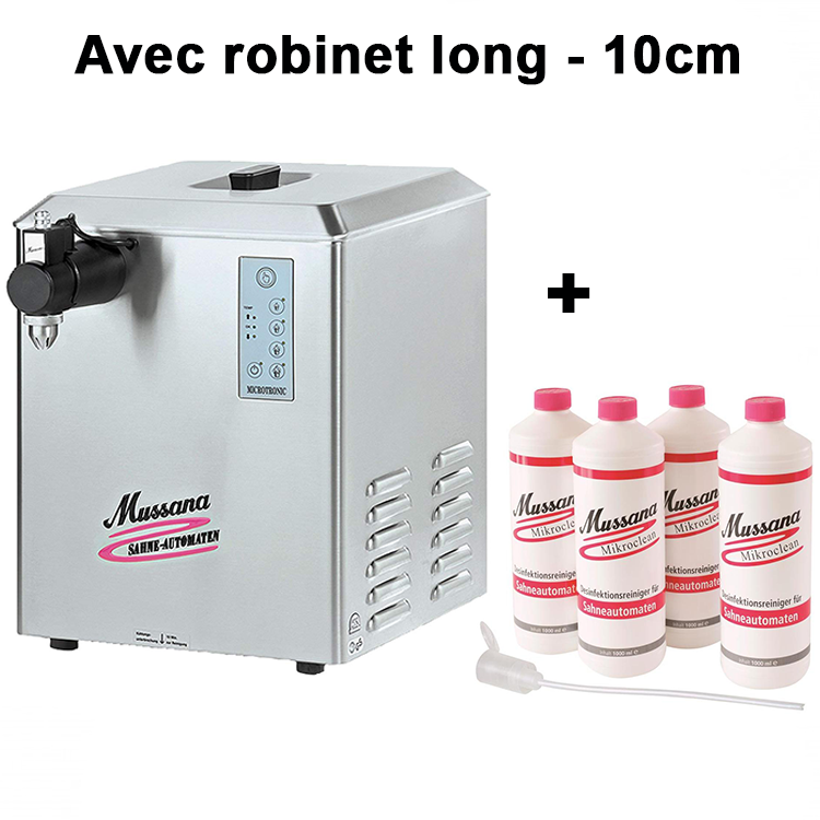 Mussana appareil à chantilly Microtronic 12 Litres - Robinet Long et 4Mussana appareil à chantilly Microtronic 12 litres avec robinet long et 4 litres de nettoyant microclean spécialement étudiés pour la machine.
Le robinet long de 10cchantillyMussanaCrepiere-Automatique.frMussana appareil à chantilly Microtronic 12 Litres - Robinet Long