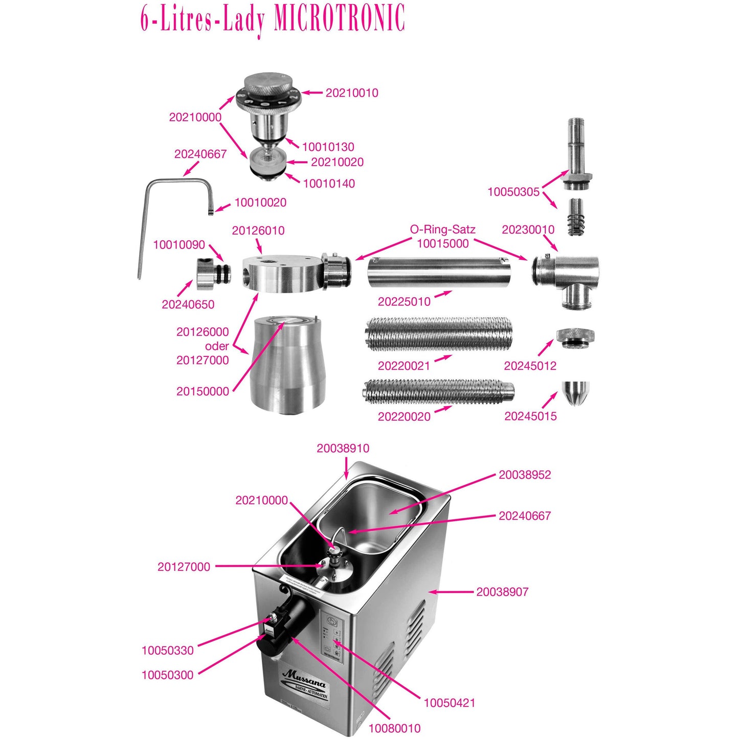 Mussana appareil à chantilly Lady Microtronic 6 LitresMussana appareil à chantilly Lady Microtronic pour 6 litres de crème chantilly.
 
Consommation d'énergie réduite et taille très compacte.
Système de nettoyage automachantillyMussanaCrepiere-Automatique.frMussana appareil à chantilly Lady Microtronic 6 Litres